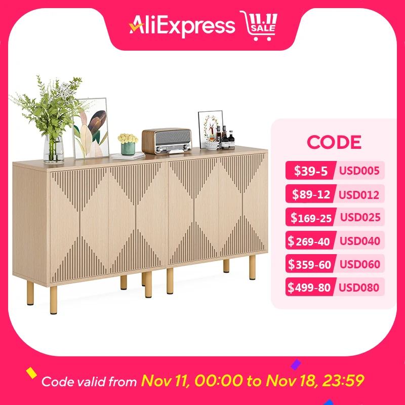 Tribesigns Modern Natural Storage Cabinet, Freestanding Floor Cabinet, 59 inches Sideboard, Wood Buffet Cabinet