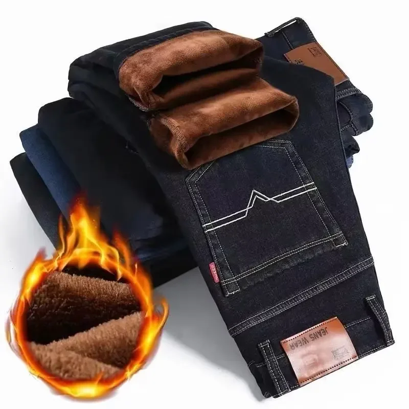 Casual Pants In-Stock Men's Jeans Fleece-Lined And Thickened Winter Warm Loose-Fit Straight-Leg Casual Pants New Style Middle-Aged Long Pants