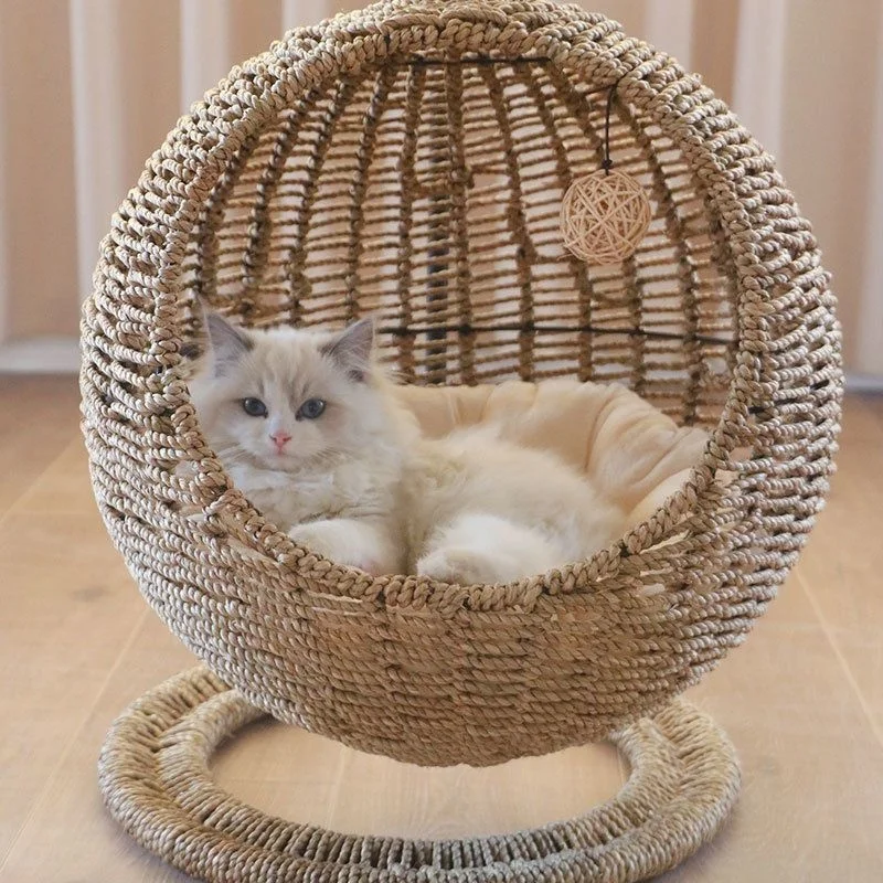 

Round Cat's Nest Semi Closed Opening With Pad Washable Petbed House Basket Hand-woven Cat Hammock Four Seasons Pet Supplies