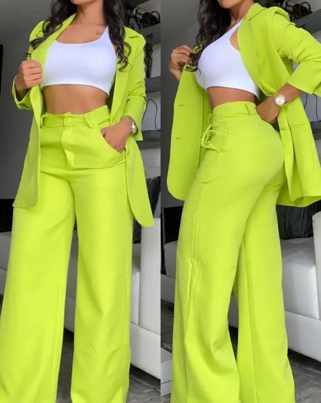 Ladies Blazer Set Two Piece Women Autumn Long Sleeve Notched Collar Elegant Blazer Coat & Fashion Pocket Design Work Pants Set