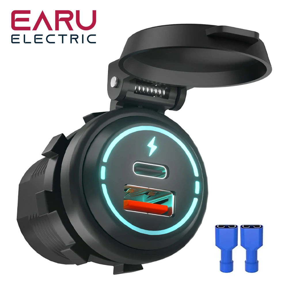 EARU 12V/24V Car USB Charger Socket PD Type C + QC 3.0 Power Outlet with Spring Cover Dual Ports Fast Charging for Motorcycle ATV RV
