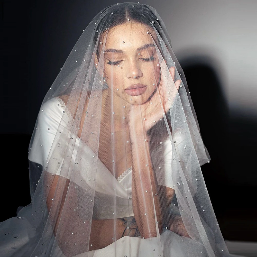 

BL4003 Double layered beaded bridal veil without hair comb, white pearl wedding veil