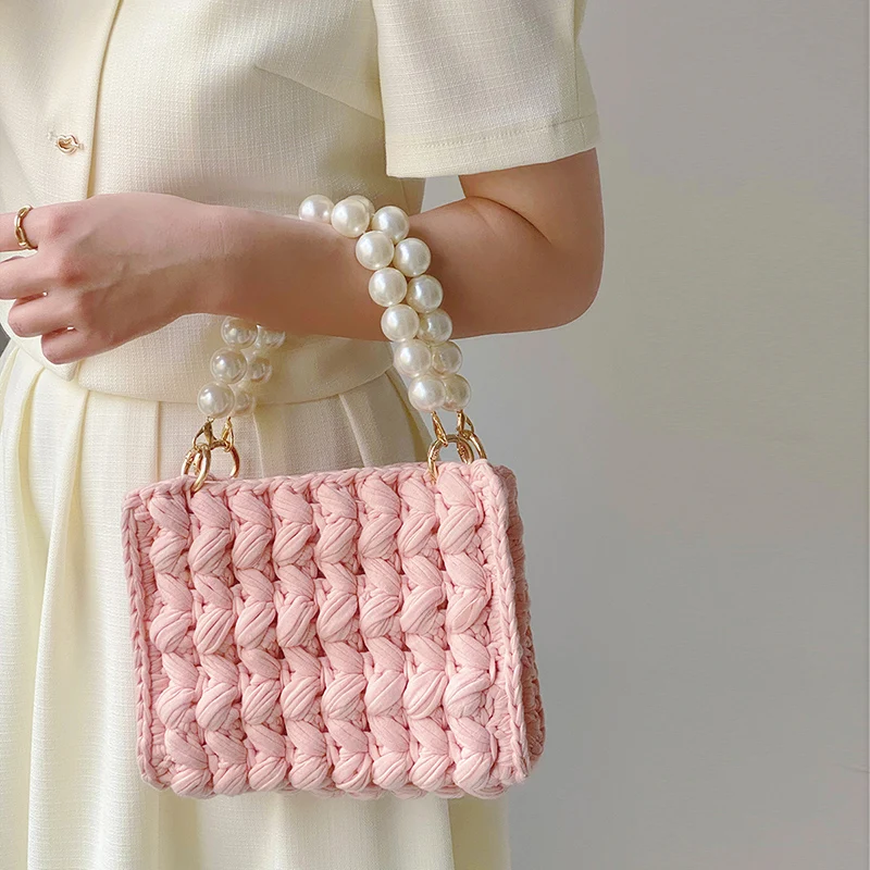

Fashion Pearl Chains Crochet Women Handbags Knitted Lady Hand Bags Handmade Woven Box Shoulder Bag Cute Small Purses 2023 Sac