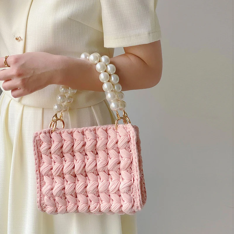 Fashion Pearl Chains Crochet Women Handbags Knitted Lady Hand Bags