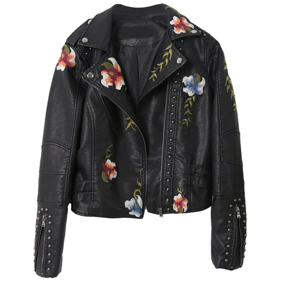 2023spring New Embroidery Short Women's Jacket Rivetpuleather Coat Embroidery Machine Car Coat