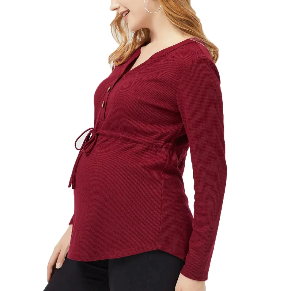 Women's Spring Summer Solid-colored Long-sleeved Comfortable Breastfeeding Shirt Casual Lace-up Maternity Top