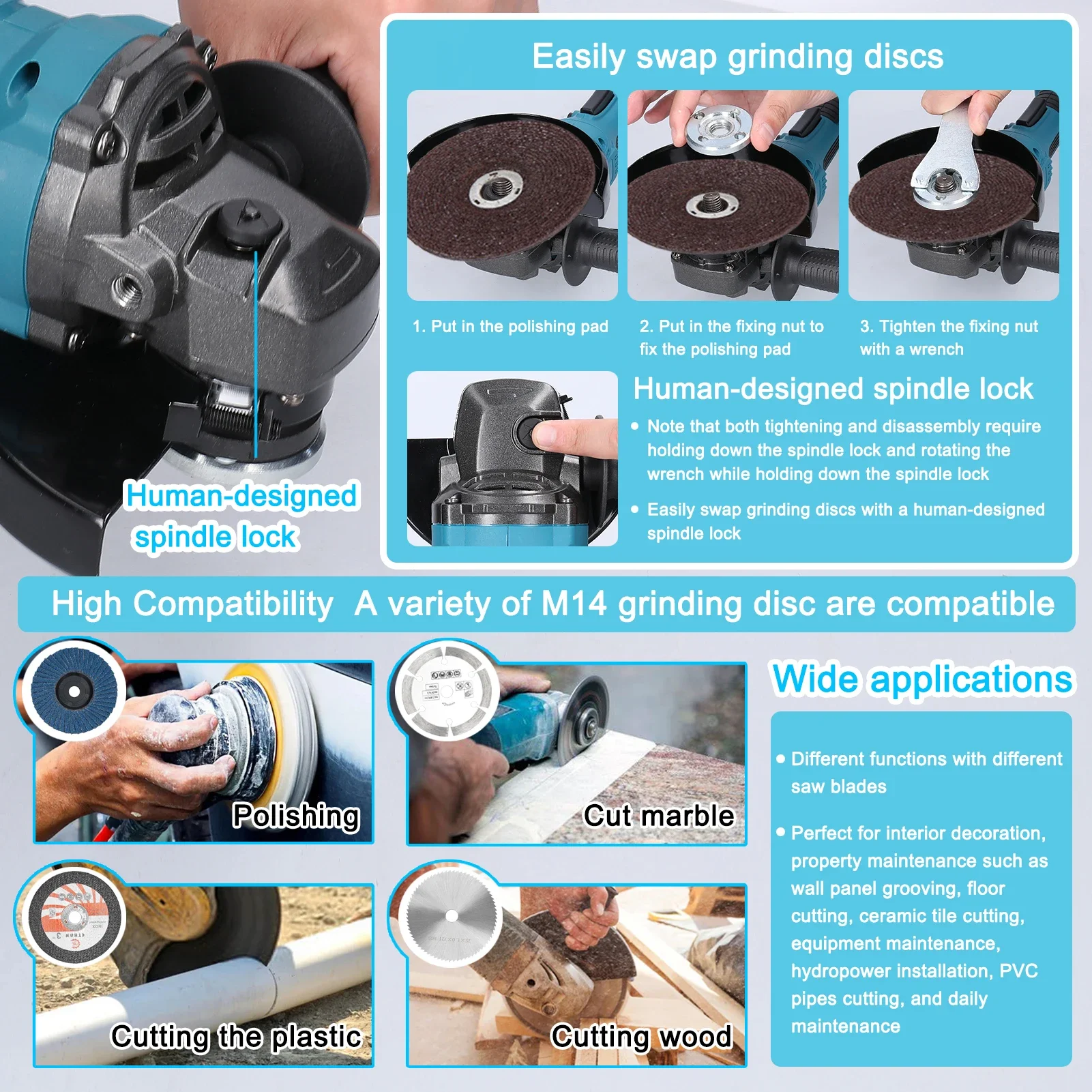 21V 125mm M14 Brushless Angle Grinder Grinding Tool Cutting Machine Power Tool for Cutting Polishing Ceramic Tile Wood Stone 6