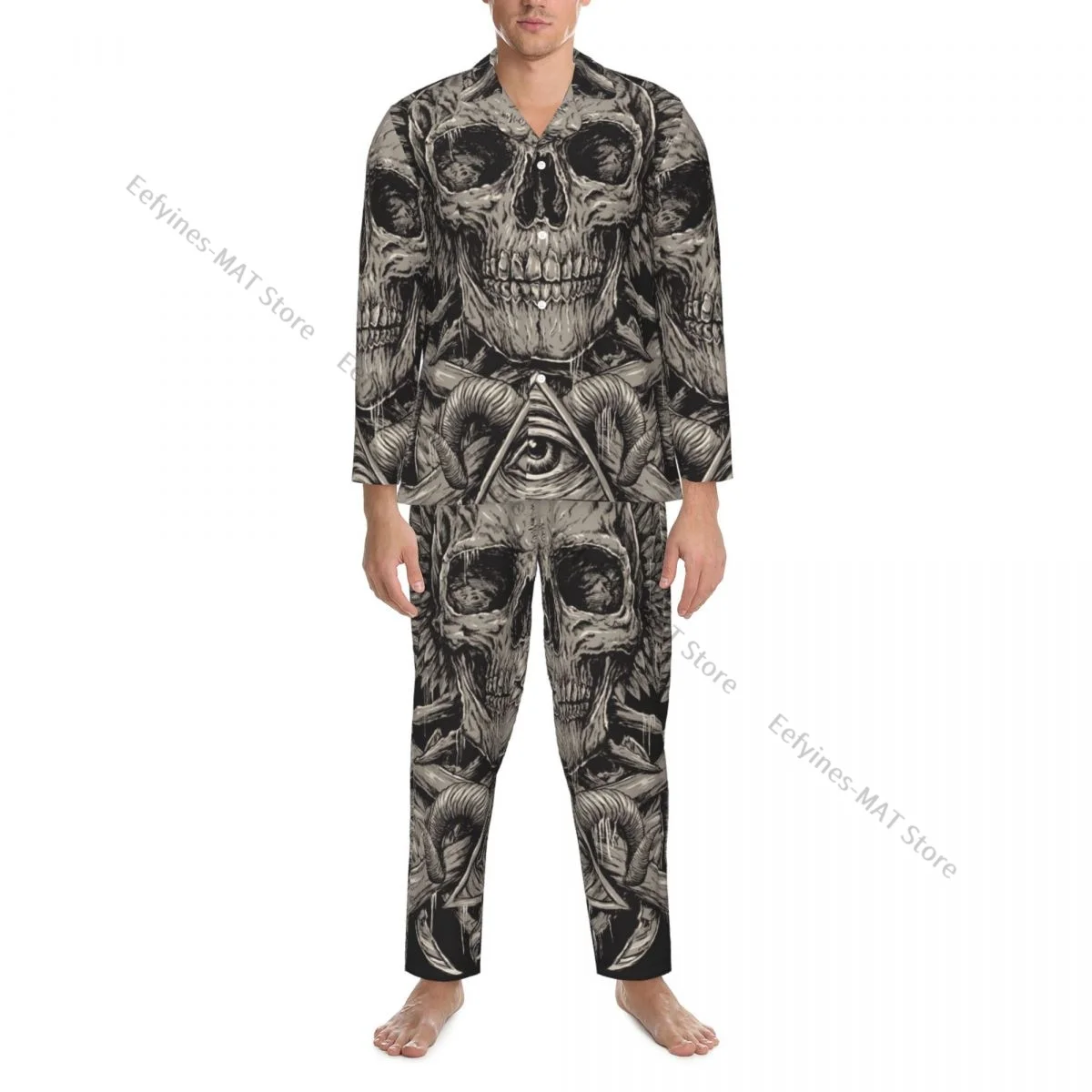 Mens Pajamas Sets Home Suits Heavy Metal Inspired Skull Sleepwear Loose Homewear Long-sleeved Casual Sets