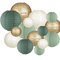 15-Piece Set of Paper Lantern Decorations, Round Hanging Paper Lantern Decorations, Suitable for Rural Parties, Bridal Gifts, Weddings, Gray-Green Birthday Party Supplies Gold/Yellow-Green, Party Supplies, Ceiling Party Decorations 1