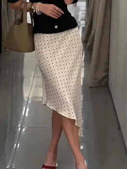 HH Women Fashion Chic Polka Dot Midi Skirt Asymmetrical Hem Elastic Waist Satin Skirts Summer Casual Woman Holiday Beach Skirt