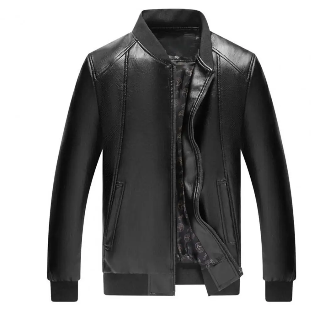 Men Jackets Coat Warm Plush Lining Stand Collar Leather Jacket