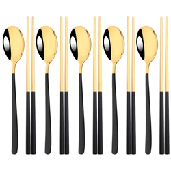 Elegant Stainless Steel Cutlery and Chopsticks Set - 10-Piece Dinnerware Collection (Black Gold)