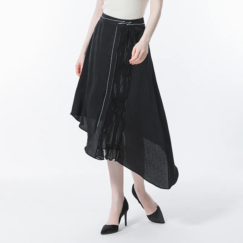 

100% Real Silk Jacquard Mysterious Black Natural Waist Bright Line Decorative Fold Asymmetric Decorative Woman Skirt CE95