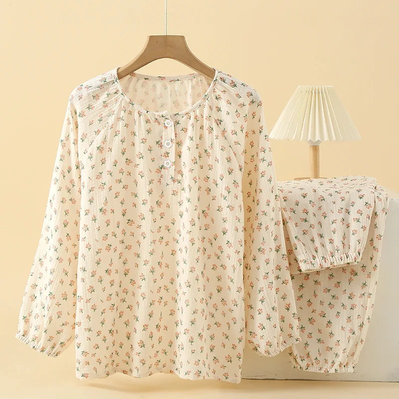 2023 여성 잠옷 순수 코튼 여성 긴팔 바지 라운드 넥 느슨한 Homewear 작은 Fower 인쇄 면화 잠옷 세트