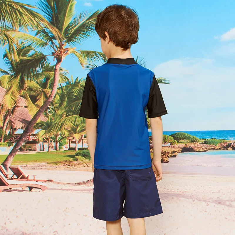 Summer Boys Short Sleeve Rashguard Kids Swim Suit UPF 50+ Sun Protection Shirts Boys Swimwear Navy Rash Guard Beach Wear