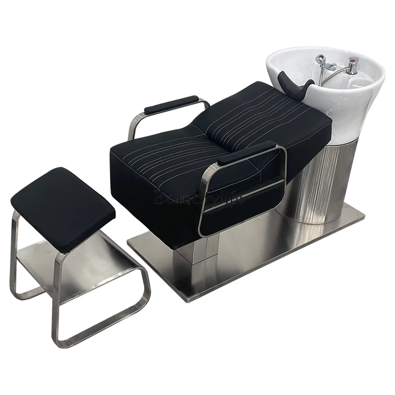 

Customized Ceramic Basin Shampoo Barber Shop Hair Salon Lying Half Hair Salon Stainless Steel Flush Massage Couch