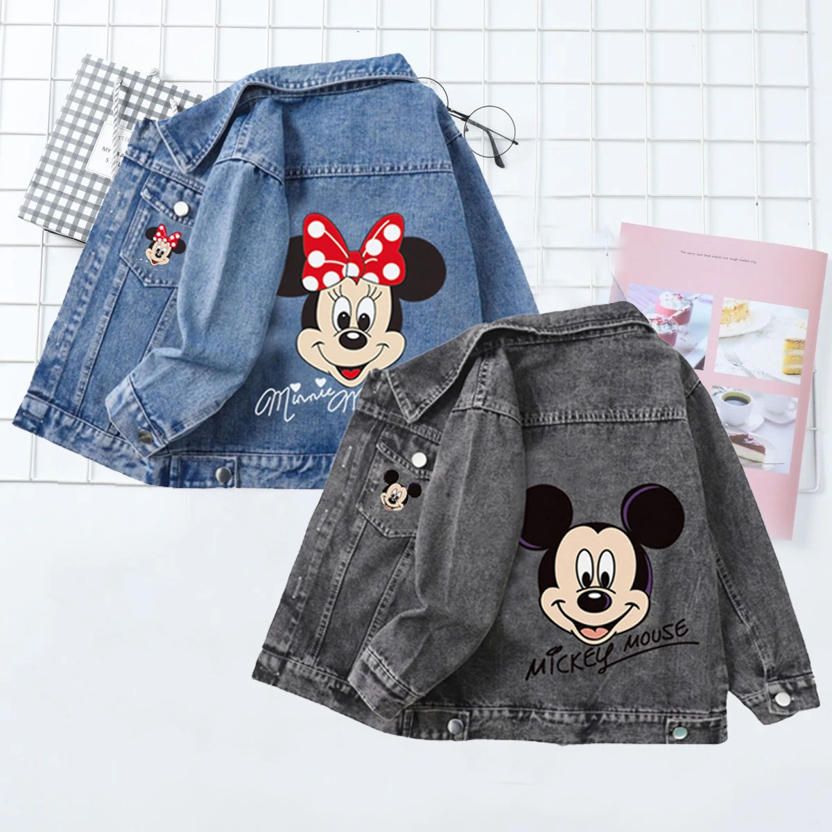 2026 Spring Autumn Children Denim Jacket Coat Baby Boy Girl Mickey Mouse Minnie Cartoon Long Sleeved Jean Outerwear Kids Clothes