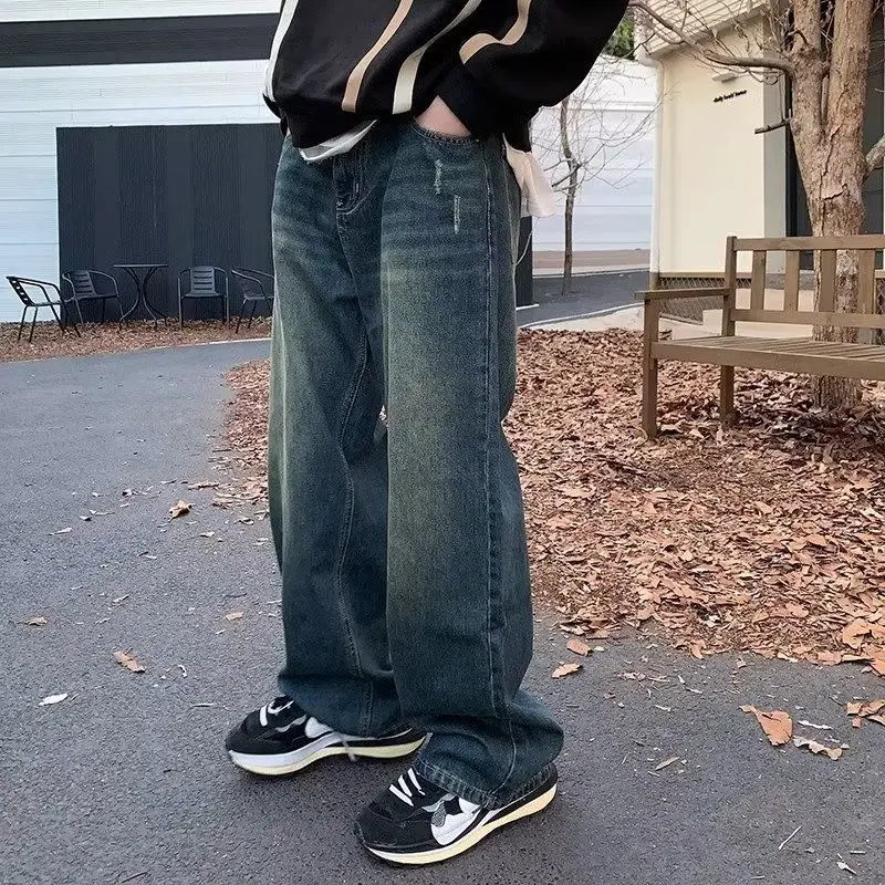 Loose straight tube retro distressed washed blue jeans fashion men's wide leg pants baggy jeans men clothing  jeans for men