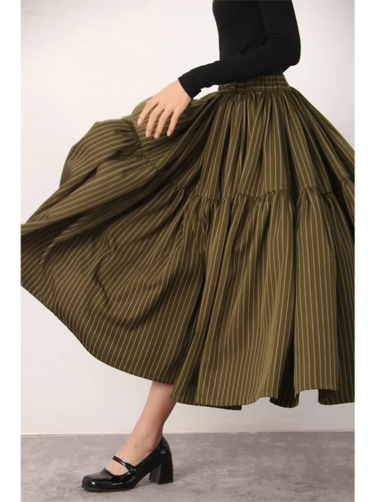 

2023 new spring fashion big bottom green striped skirts for women vintage elastic high waist patchwork a-line mid-calf skirt