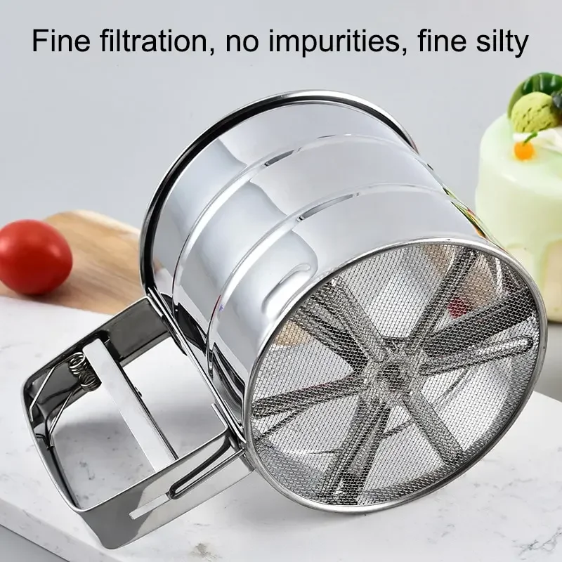 Flour sifter baking tools powder sieve powder sugar shaker 1pc Stainless steel flour sifter for baking powder sugar shaker with hand press design fine mesh flour sifter sieve