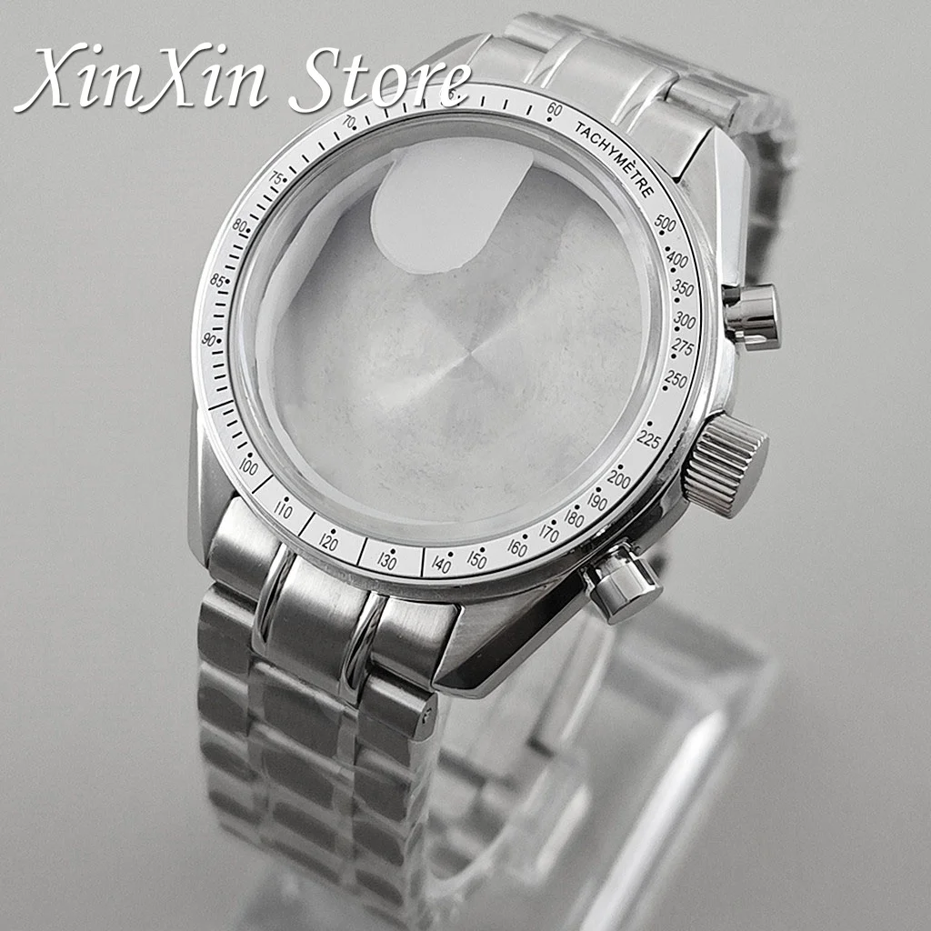 Men's 39.7mm Blue Bezel Watch Case with Moon Pattern Back and Chronograph Function for Quartz Movement, Fits 20mm Strap