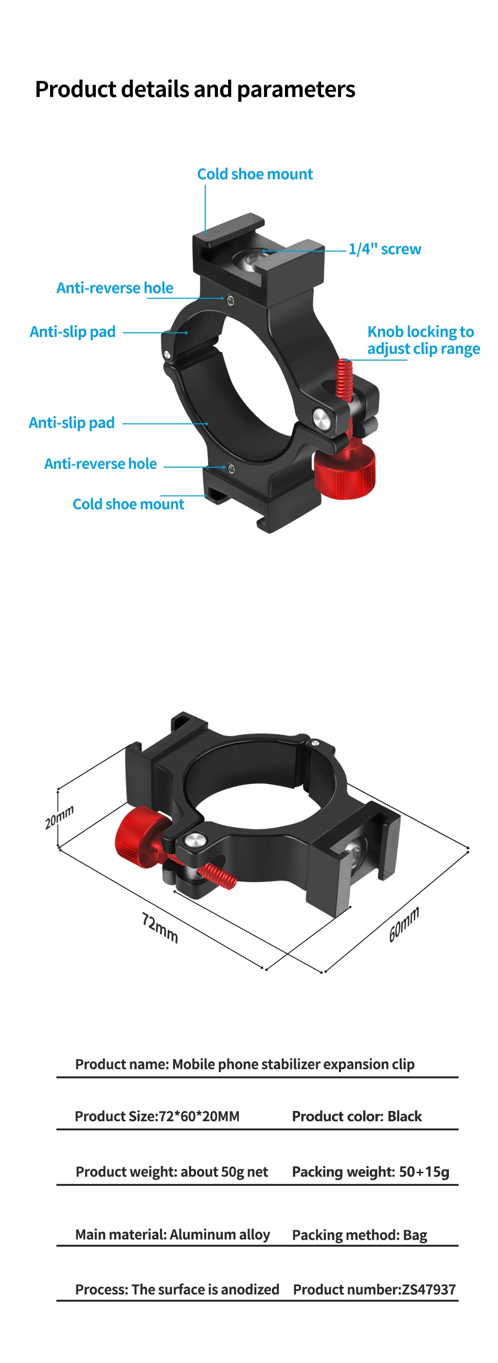 Gimbal-Verlängerungsclip, kalte Schuhhalterung, Mikrofonhalterung, Lichtstativ für DJI OSMO Mobile 2, 3, 4, OM5, OM6, OSMO 7/7P, Handstabilisator – Detail 28