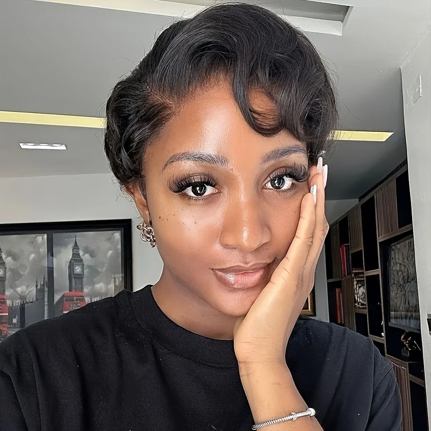 Short Pixie Cut Human Hair Wig T-Part Lace Front 13x4x1 Natural Hairline Pre-Plucked Brazilian Remy Suitable for Women