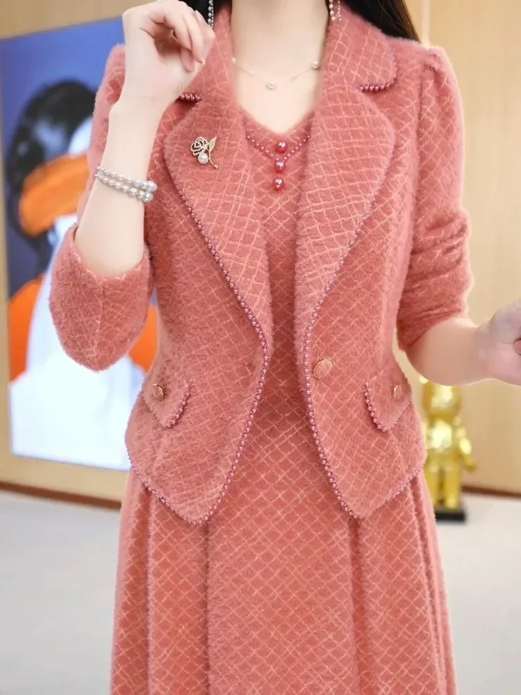 Insozkdg 2025 새로운 도착 가을 겨울 사무실 숙녀 정장 재킷 + 스커트 정장 우아한 여성 핑크 살구 두 조각 세트 블레이저