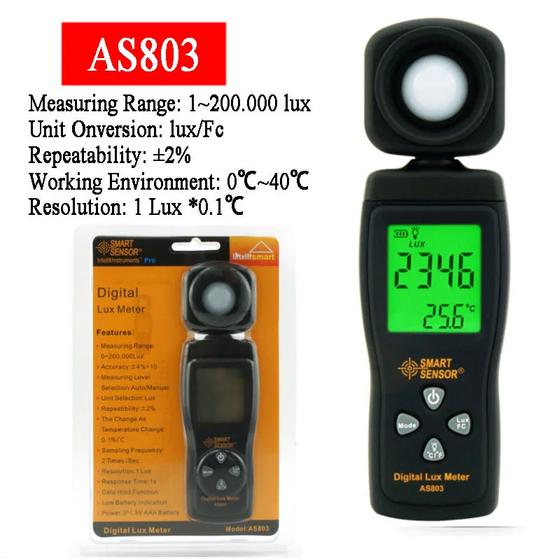 SMART SENSOR AS803 Light Meter Lux/Fc Photometer Photography Digital Lux Meter Illuminometer Enviromental Tester Spectrometer