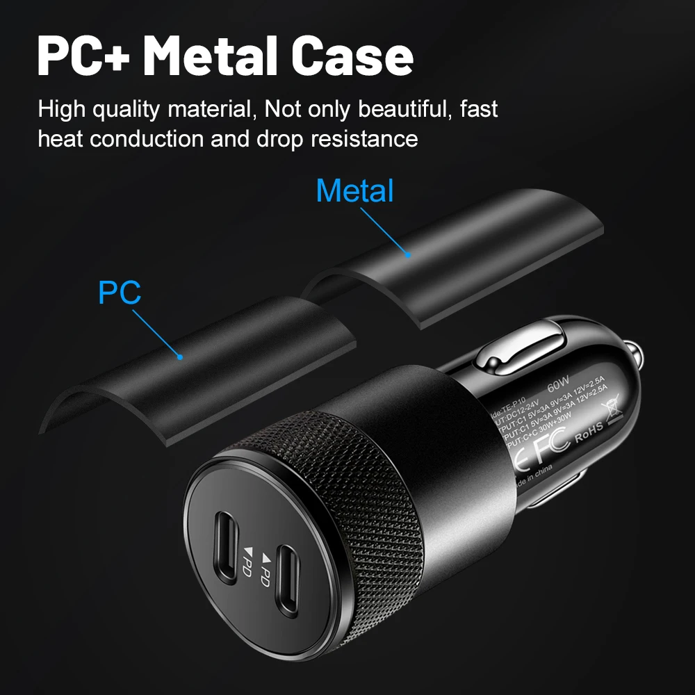 PD QC Pull Ring Fast Charging Car Charger USB C Car Phone Charger Adapter For iPhone Xiaomi Huawei Silver/Black Color Car Charge