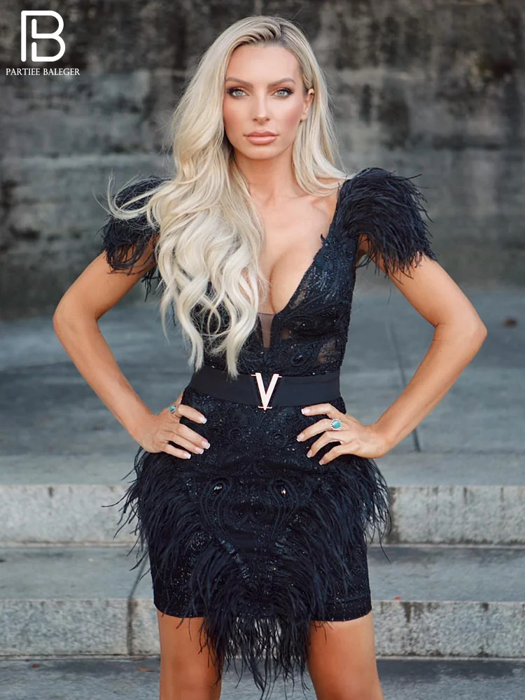 

PB Chic And Elegant Woman Dress Black Trendy Sleeveless V Neck Feather Paillette Celebrity Club Wedding Bodycon Mini Vestidos