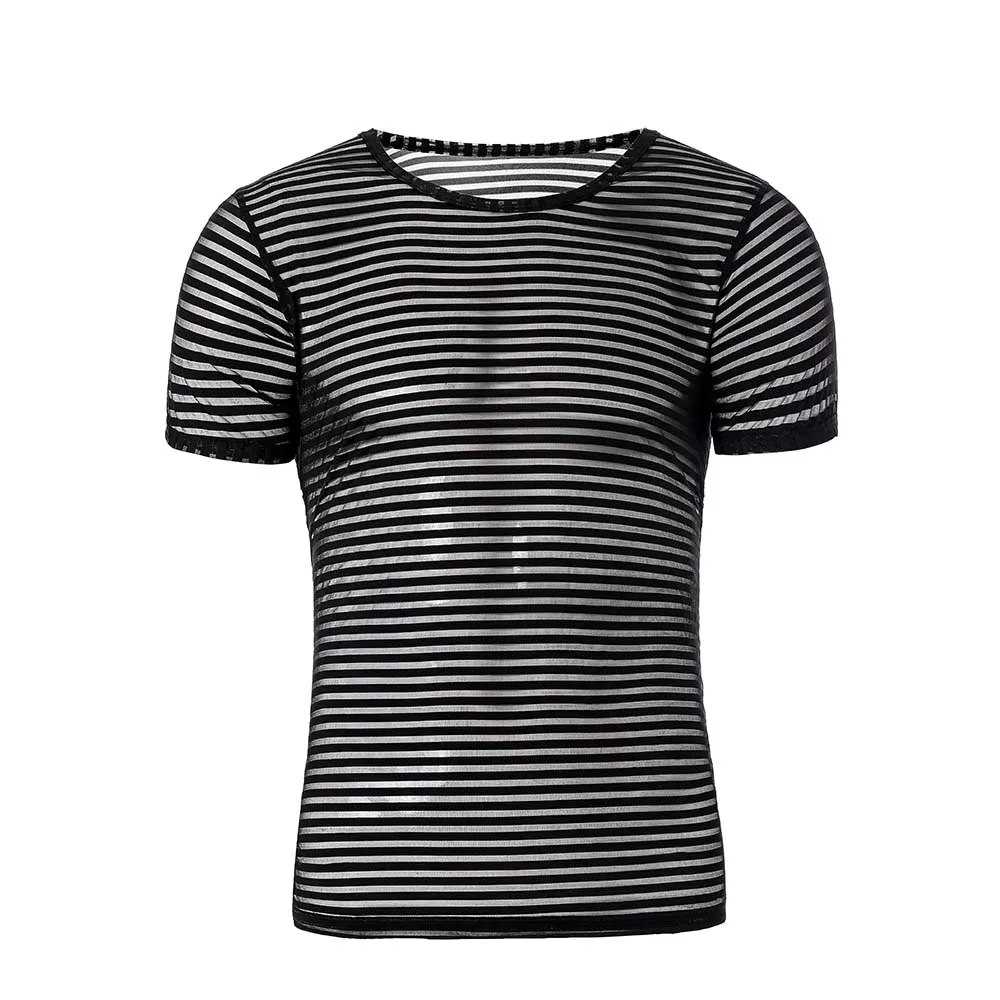 

Unisex Undershirt Sexy Mesh Sheer Basic Shirts O-neck Gay Short Sleeves Slimming Undershirts Inner Tops Pajamas Sleeping Wear