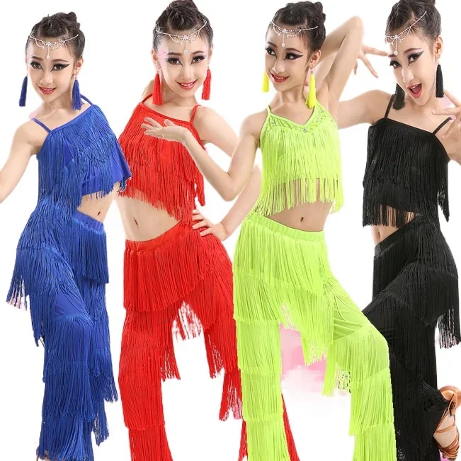 

1 Set Girl Latin Dance Dresses Ballroom Fringe Tassel Dress Pants Kids Sequin Fringe Salsa Samba Stage Competition Dance Costume