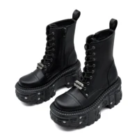 2025 New Punk Women Platform Ankle Boots Female's Rock Round Toe Lace Up Fashion Retro Chunky Shoes Metal Decor Short Boots - Image 3
