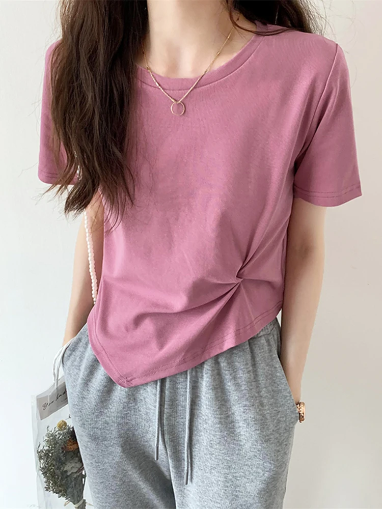 

2022 New Summer Irregular Cotton Women's Short T-Shirts Short Sleeve O-Neck Bottoming Minimalist Shirts Chic Basic Tops Female