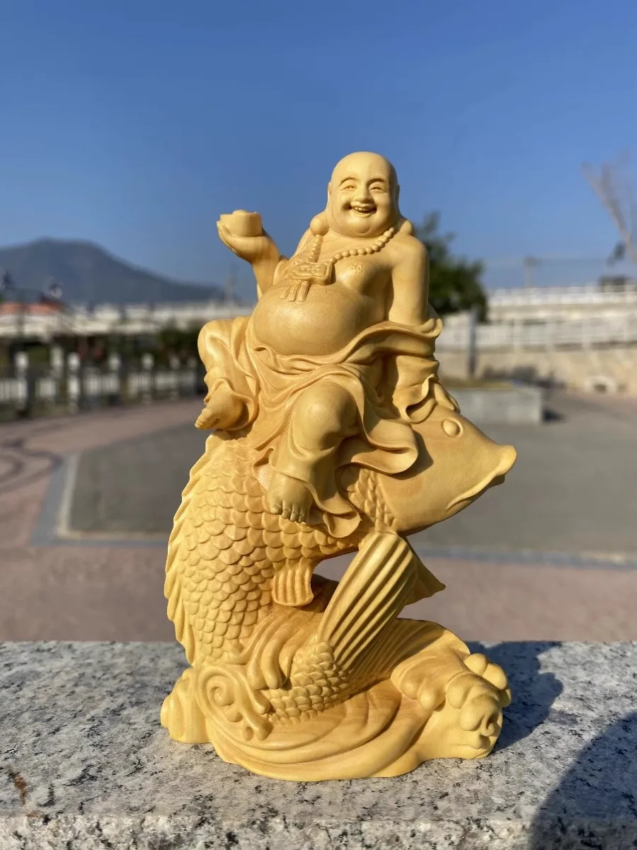 Wooden Carp Maitreya Buddha Decorative Statue ,Creative Solid Wood Art Hand Carving Home Room, Office Fortune Gathering Statue
