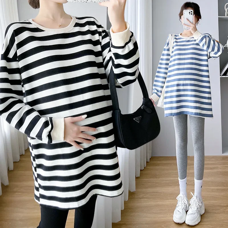 Maternity Stripe Base Shirt Casual Loose Outerwear Spring Autumn Women's Long Sleeve T-Shirt Comfortable Breathable Fashion