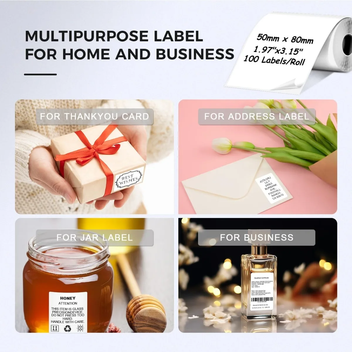 Thermal Labels For Phomemo M110/M221/M220/M120/M200 Label Printer,1.97''x3.15''(50x80mm), 100 Labels/Roll, Black on White