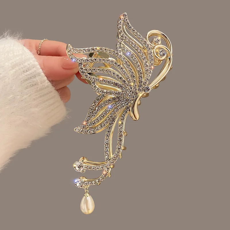 VANIKA Fashion Butterfly Hair Claw Rhinestone Pearls Hair Clips For Women And Girl Ponytail Claw Clip Hair Accessories Gifts women elegant music note shape hair clips luxury rhinestone decor ponytail claw clip accessory for girl heawear accessory