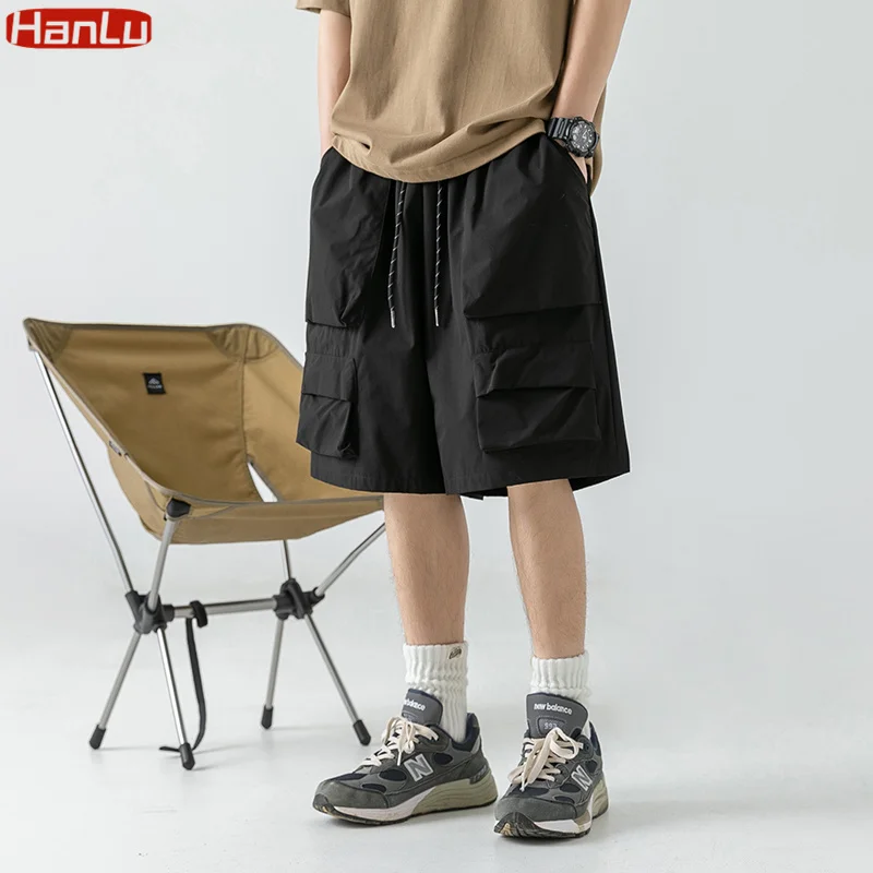 2023 Summer New Japanese Style Large Size Pocket Cargo Shorts Men Loose Knee Length Pants Hip Hop Streetwear Male Short Trousers
