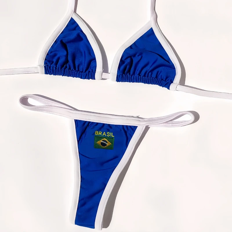 Women's Brasil Flag Print Bikini Set, Halter Triangle Top + Tanga Bottom, Brazilian Flag Two-Piece Swimwear, Y2K Beachwear 4