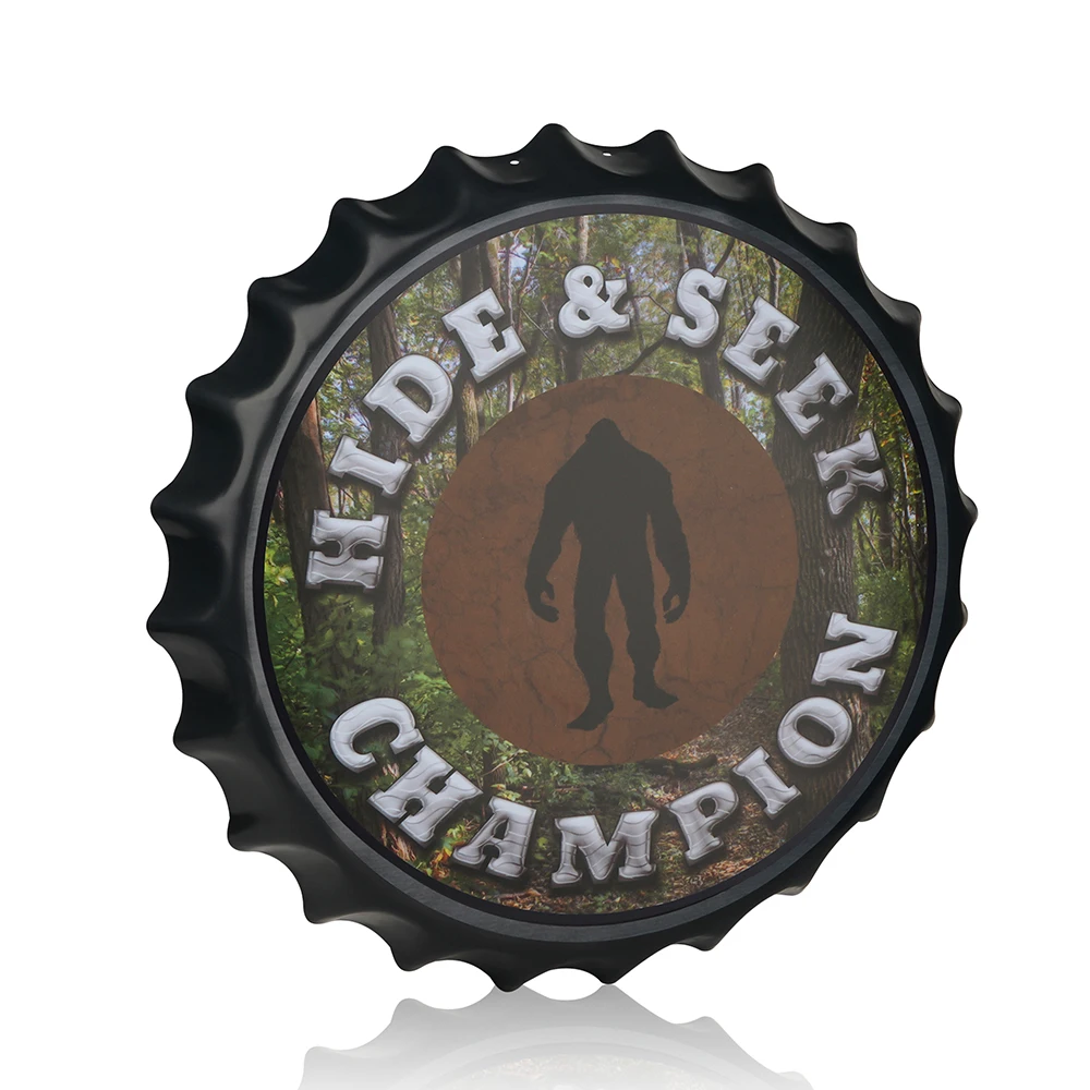 

Hide and Seek Champion Bigfoot Novelty Metal Bottle Circular Sign Man Cave