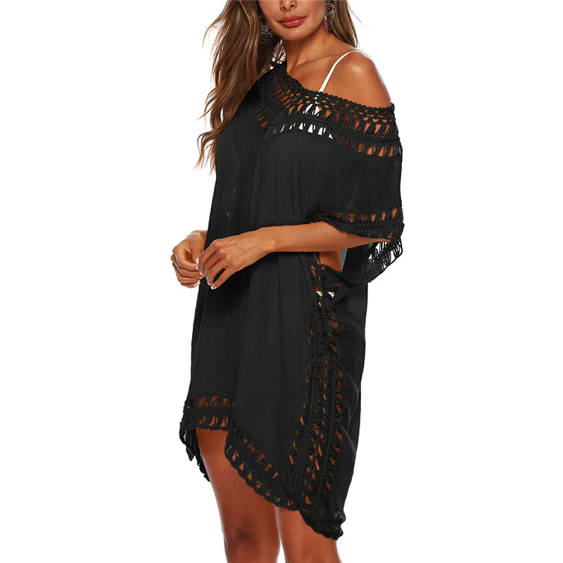 mesh bikini cover up 2021 Sexy Women Loose Beach Dress Tunic Solid Bikini Cover UP Swimsuit Beachwear Swimwear Hollow Out Beach Dress Robe De Plage shein bathing suit cover ups