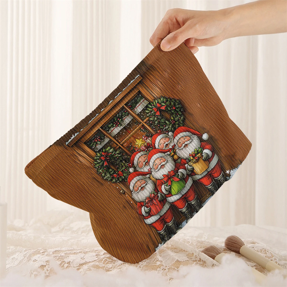 1 Christmas themed corduroy makeup bag, lightweight zipper makeup storage box, multifunctional bag with lining