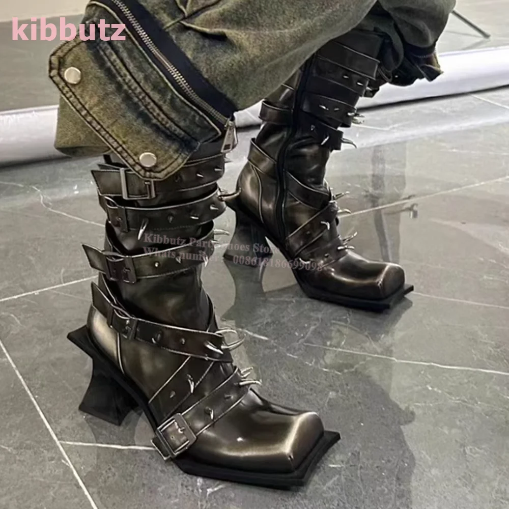 

Rivet Belt Buckle Knight Boots Knee High Rub Colour Punk Rock Square Toe Strange Heel Dark Genuine Leather Fashion Shoes Newest
