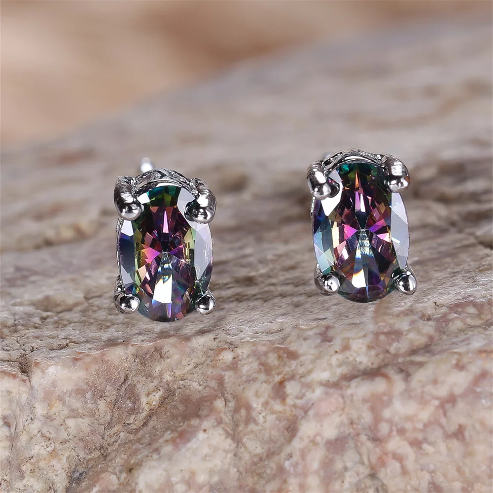Rainbow Crystal Multicolor Oval Stone Small Stud Earrings For Women Vintage Silver Color Wedding Jewelry Bridal Engagement Gifts