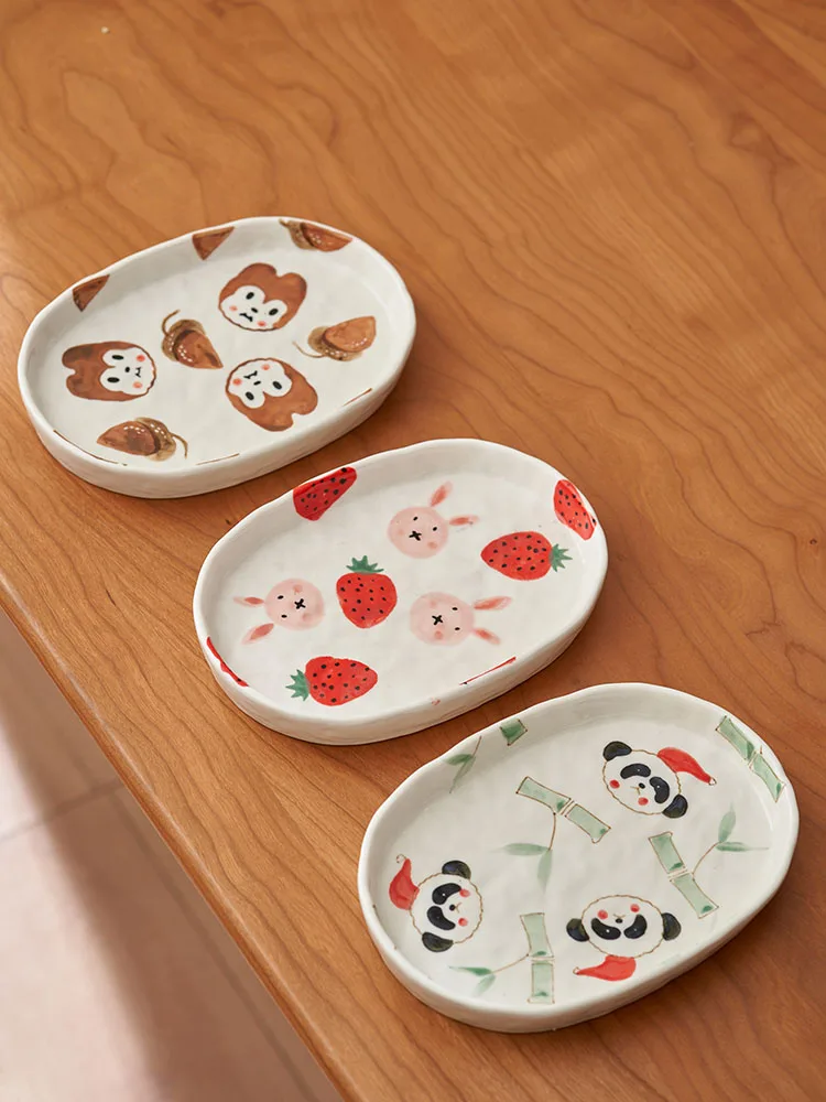 

7 Inch Ceramic Oval Plates Cartoon Panda Rabbit Squirrel Printed Under Glazed Noredic Style Ins Popular Home Children Dinnerware