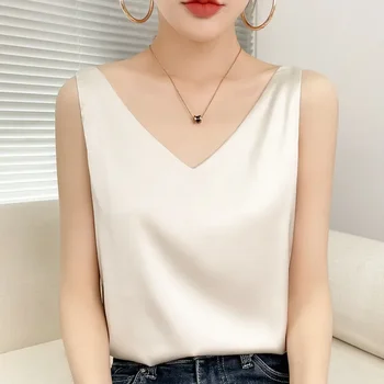 여성용 스트랩 탑 홀터 V넥 민소매 새틴 실크 탱크 탑, 베이직 화이트 캐미, 여름 캐미솔 슬림 조끼, 2023