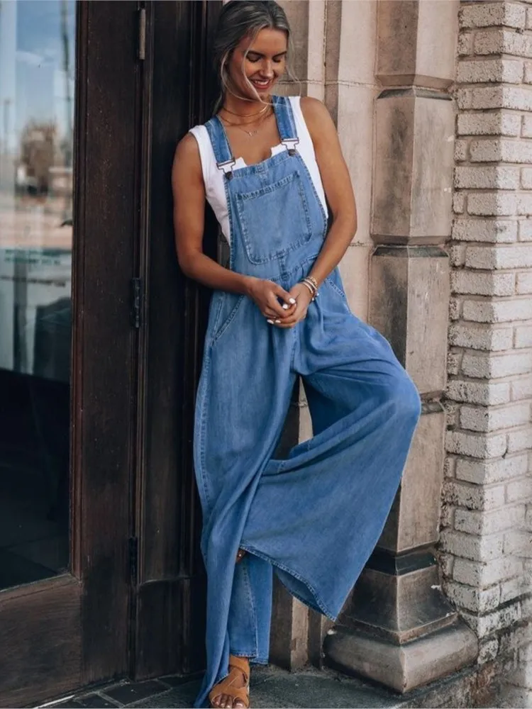 

RDMQ 2023 Wide-Leg Jumpsuits Women's Blue Denim Overalls Women's Loose Fashion High-Waist New Summer Pocket Jumpsuits