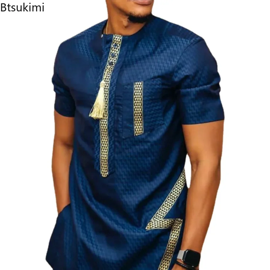 2024 Men's Summer African T-Shirt Fashion Neck Print Short Sleeve Tee Africa Dashiki Simple Casual National Style T-Shirt Male